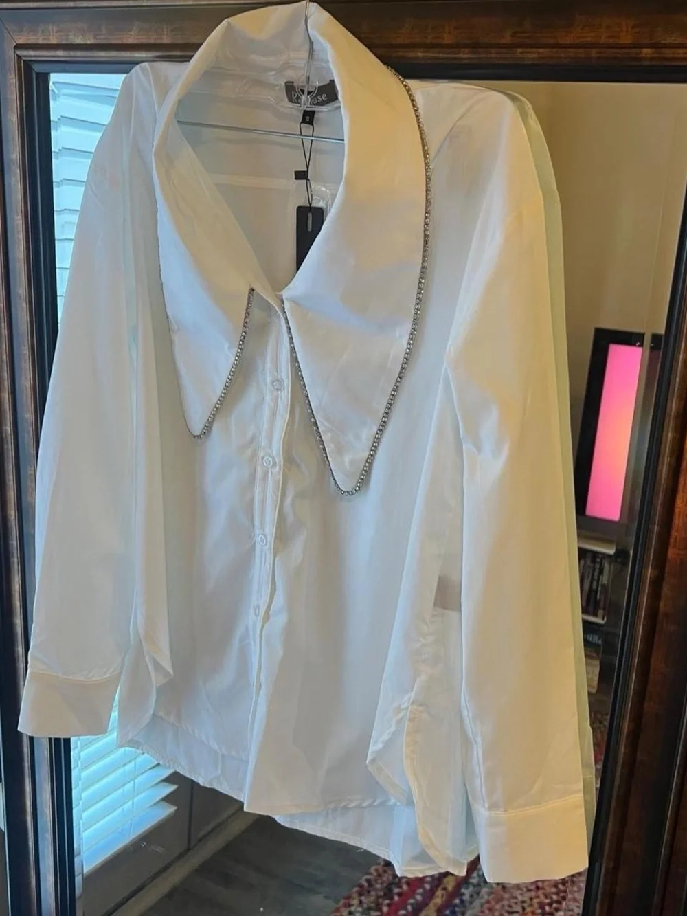 Oversize rhinestone and pearl collar white button down blouse, cotton blend, NWT